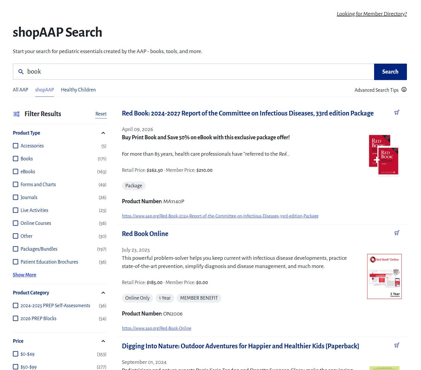 AAP search results page with filter sidebar