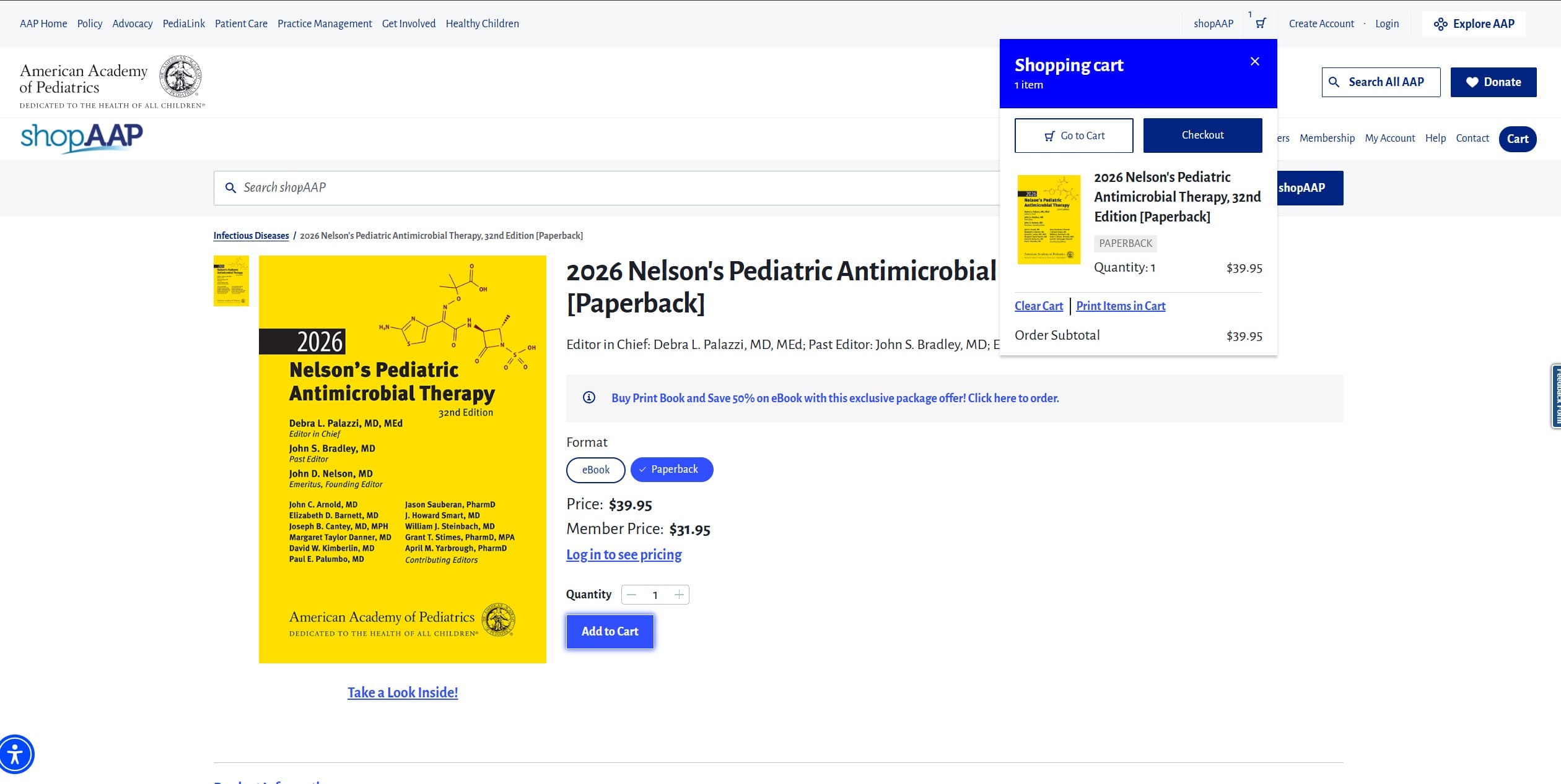 AAP shop product detail page showing a book listing
