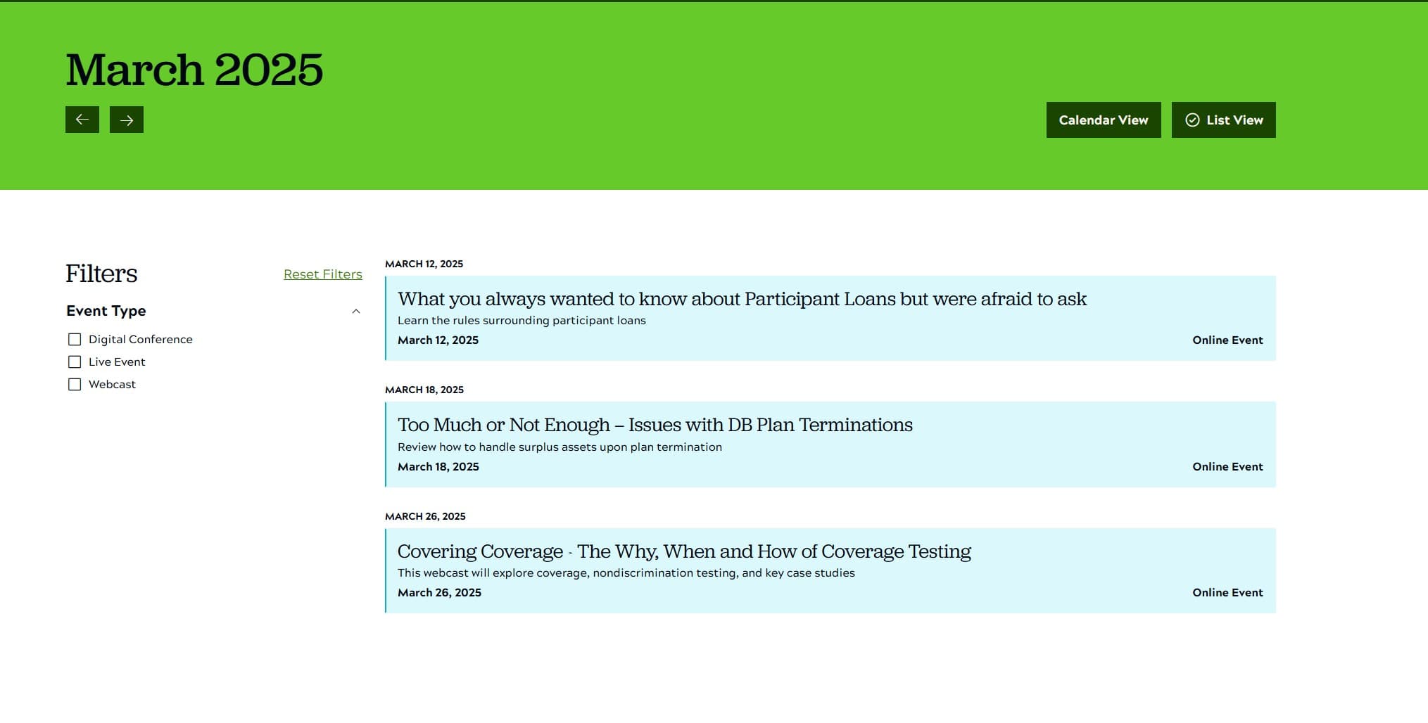 ASPPA events calendar in list view