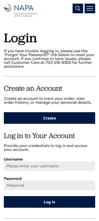 NAPA member account portal on a mobile viewport