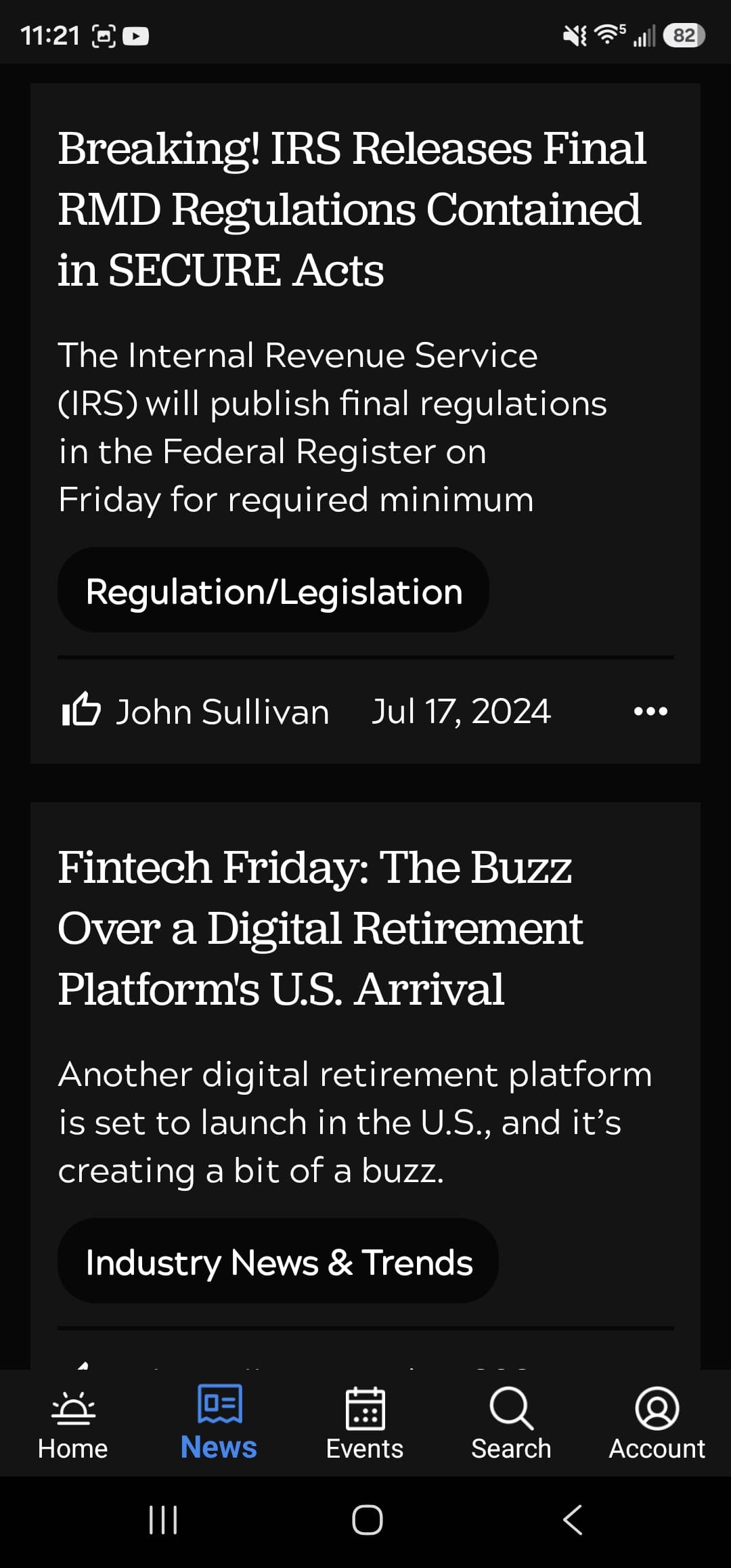 ARA app news feed showing article cards with topic tags, author, and date