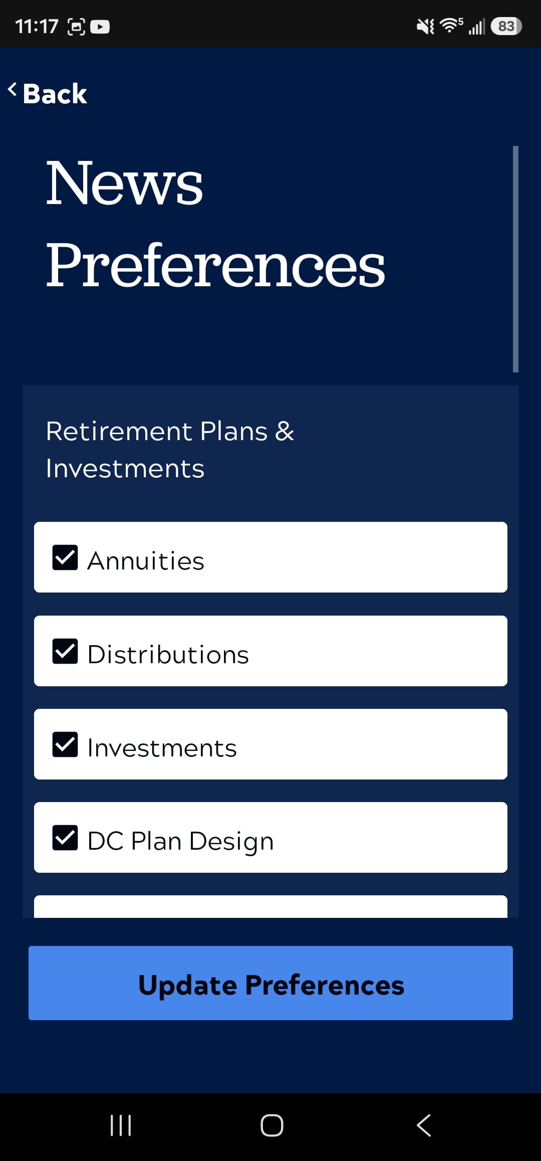 ARA app news preferences screen with checkboxes for retirement topics