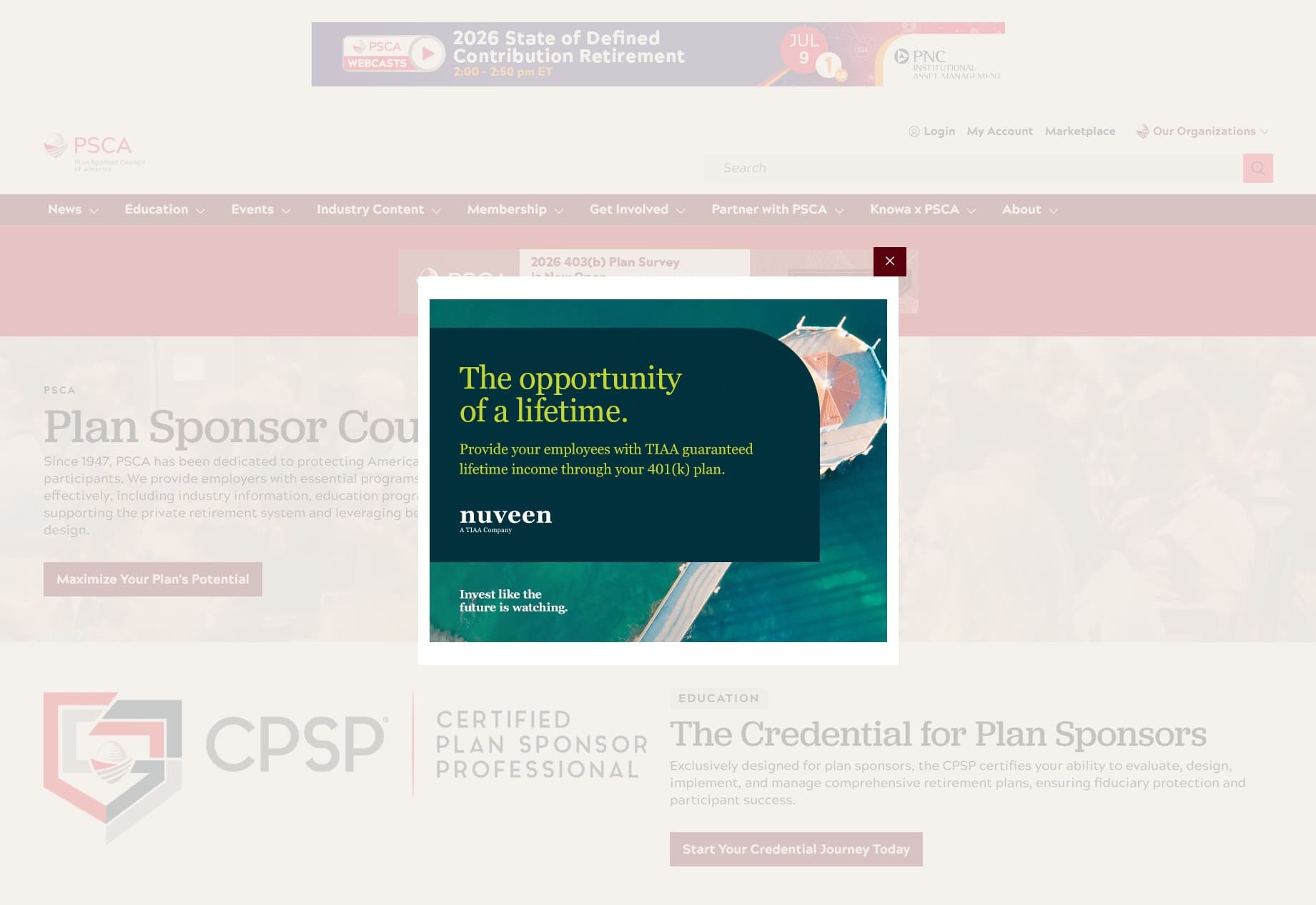 PSCA page showing sponsored ad space and banner placement