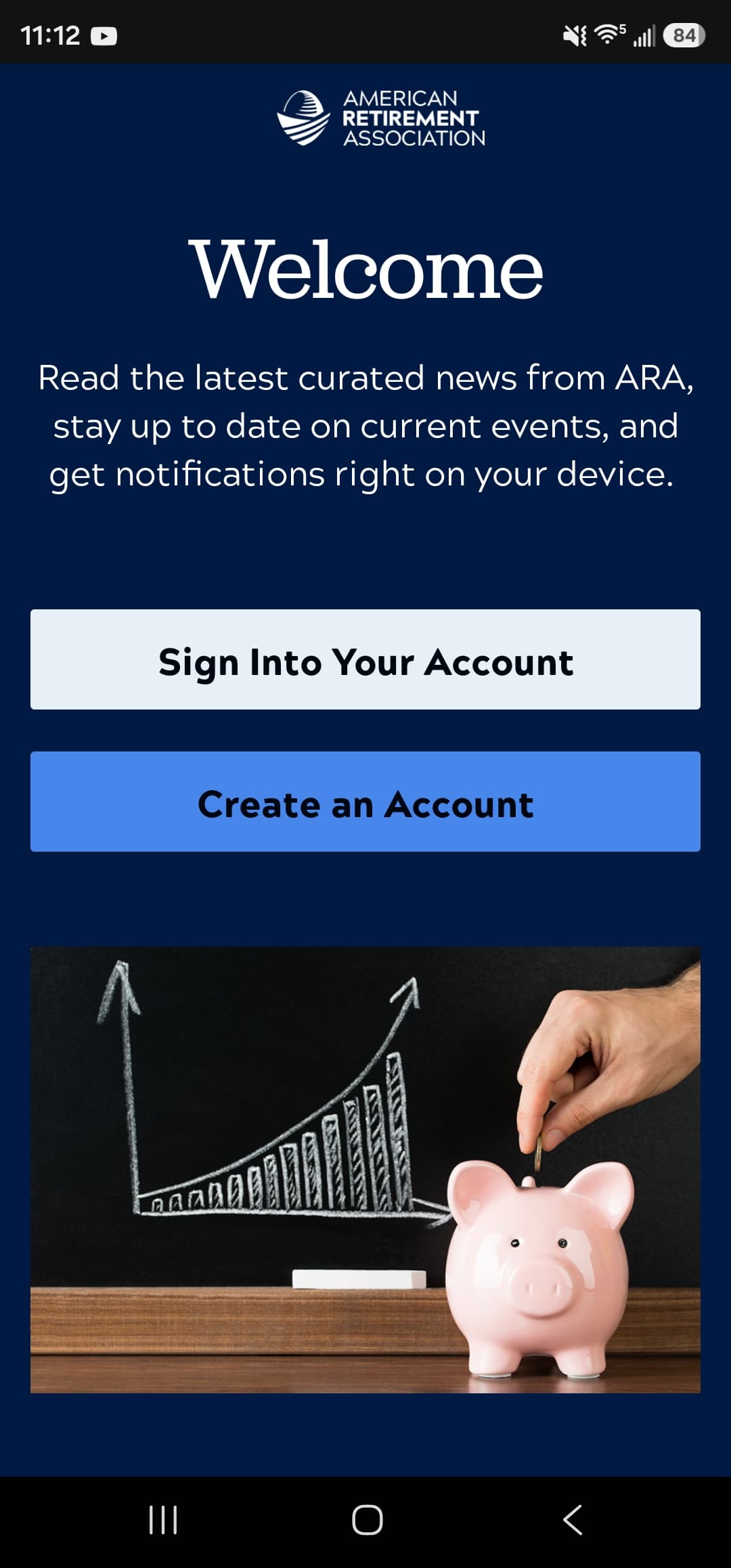 ARA app welcome screen with sign in and create account buttons